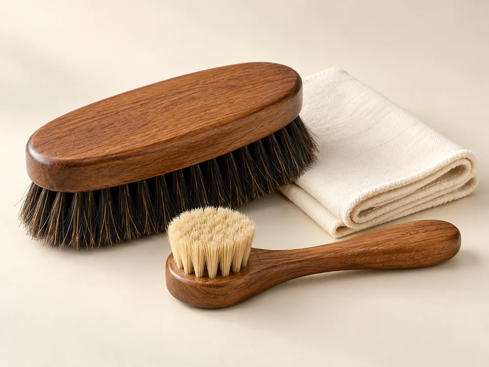 AI-generated sample of shoe care brushes and a folded polishing cloth