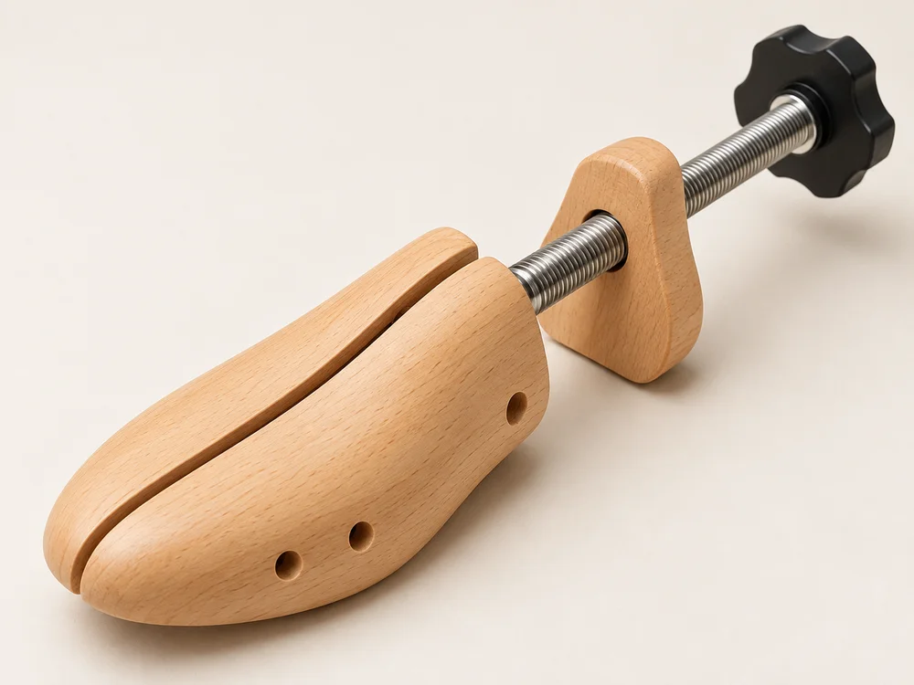 AI-generated sample of a wooden adjustable shoe stretcher